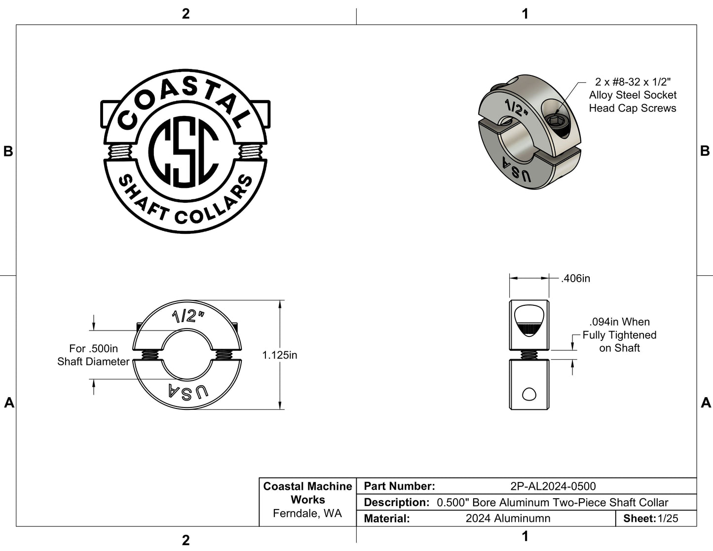 0.50" Diameter - Clamping Two Piece Shaft Collar - 2024 Aluminum