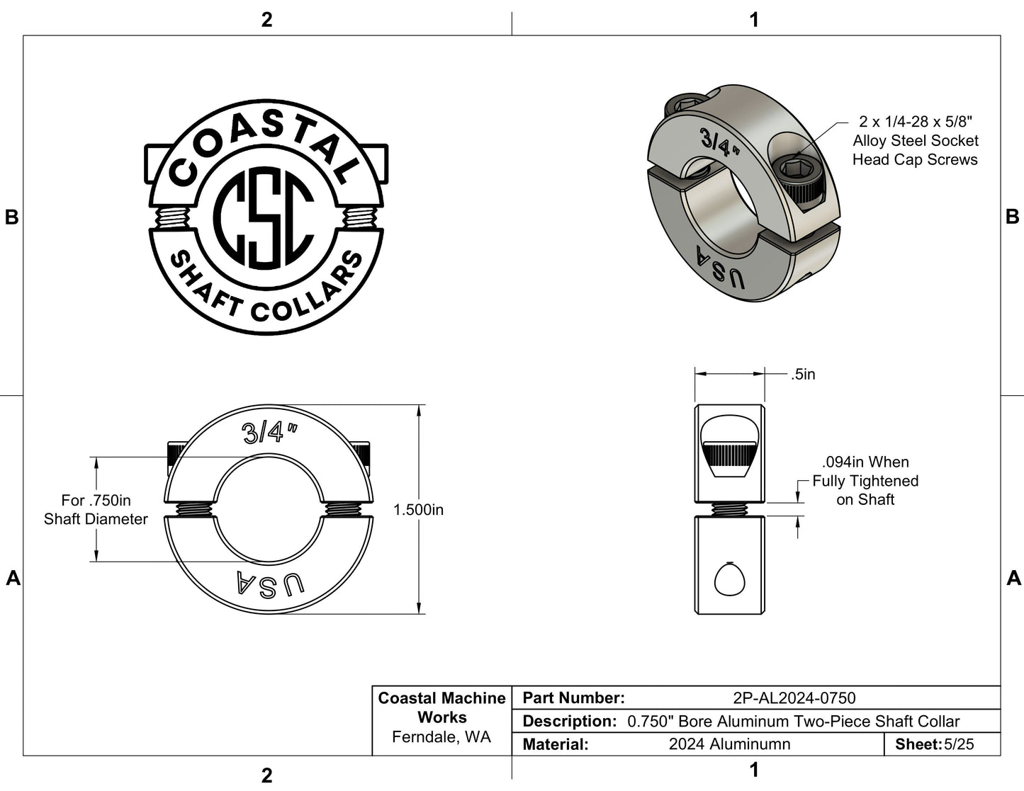 0.75" Diameter - Clamping Two Piece Shaft Collar - 2024 Aluminum