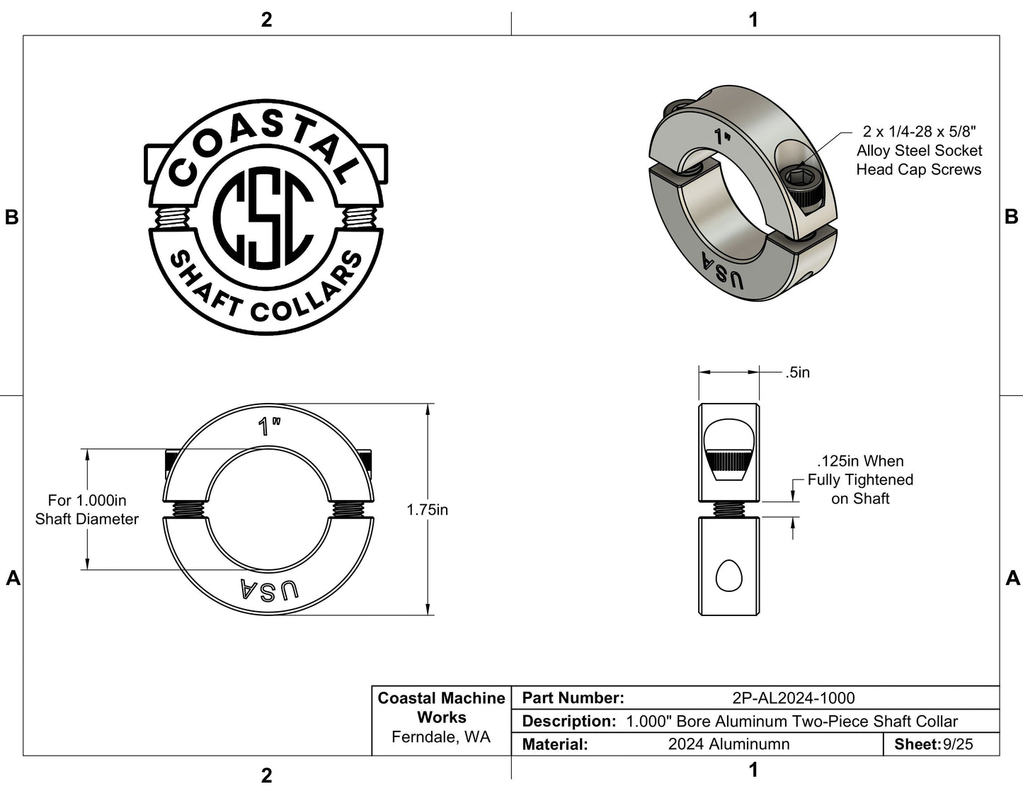 1.00" Diameter - Clamping Two Piece Shaft Collar - 2024 Aluminum