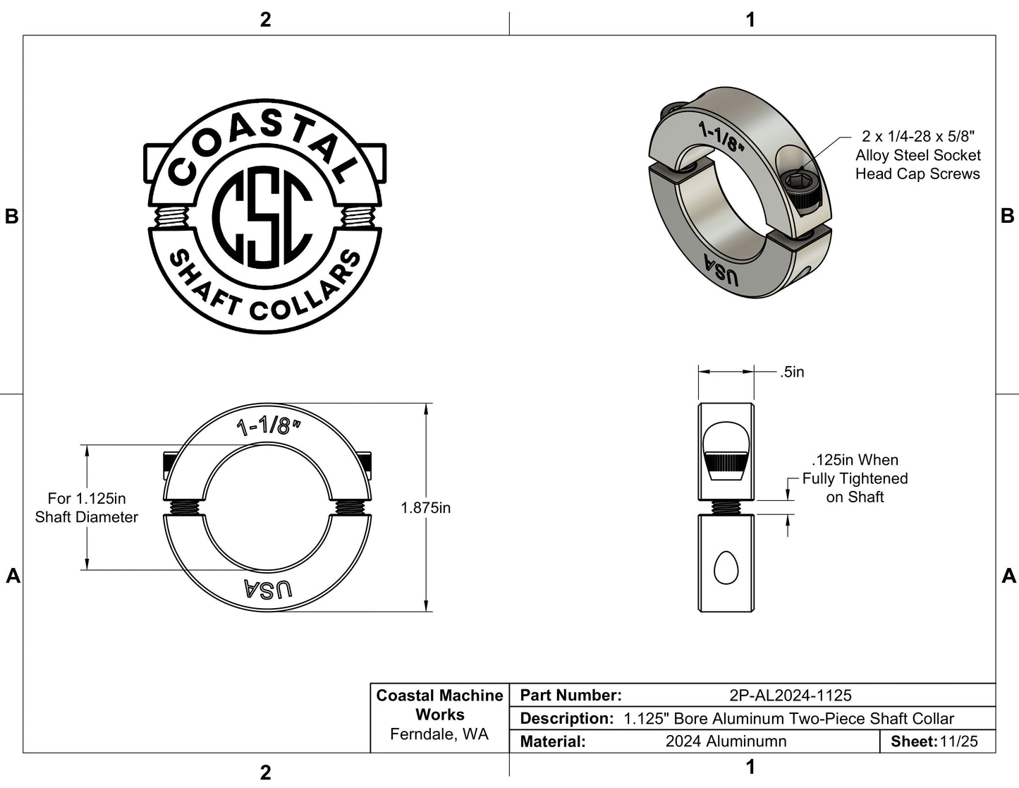 1.125" Diameter - Clamping Two Piece Shaft Collar - 2024 Aluminum