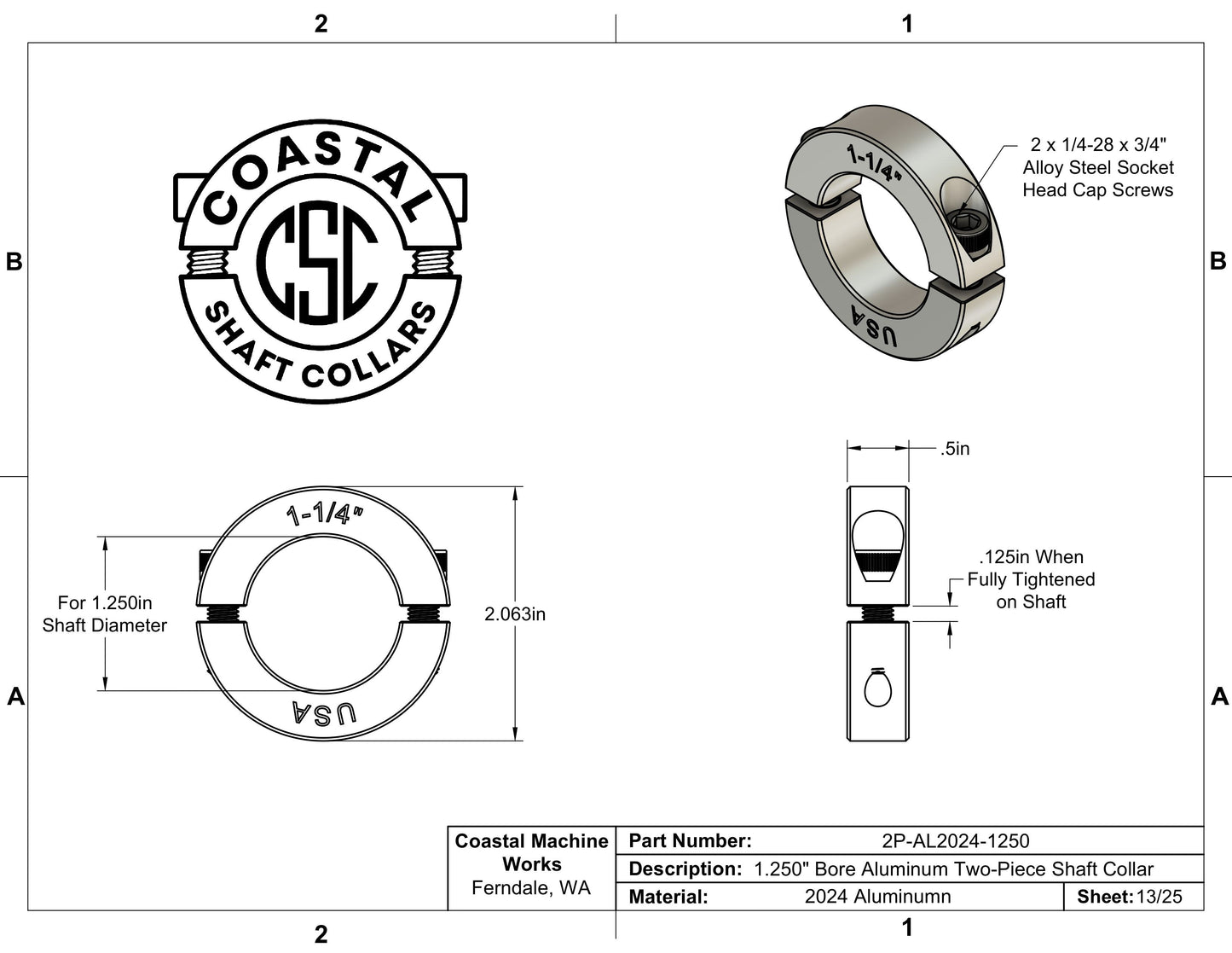 1.25" Diameter - Clamping Two Piece Shaft Collar - 2024 Aluminum