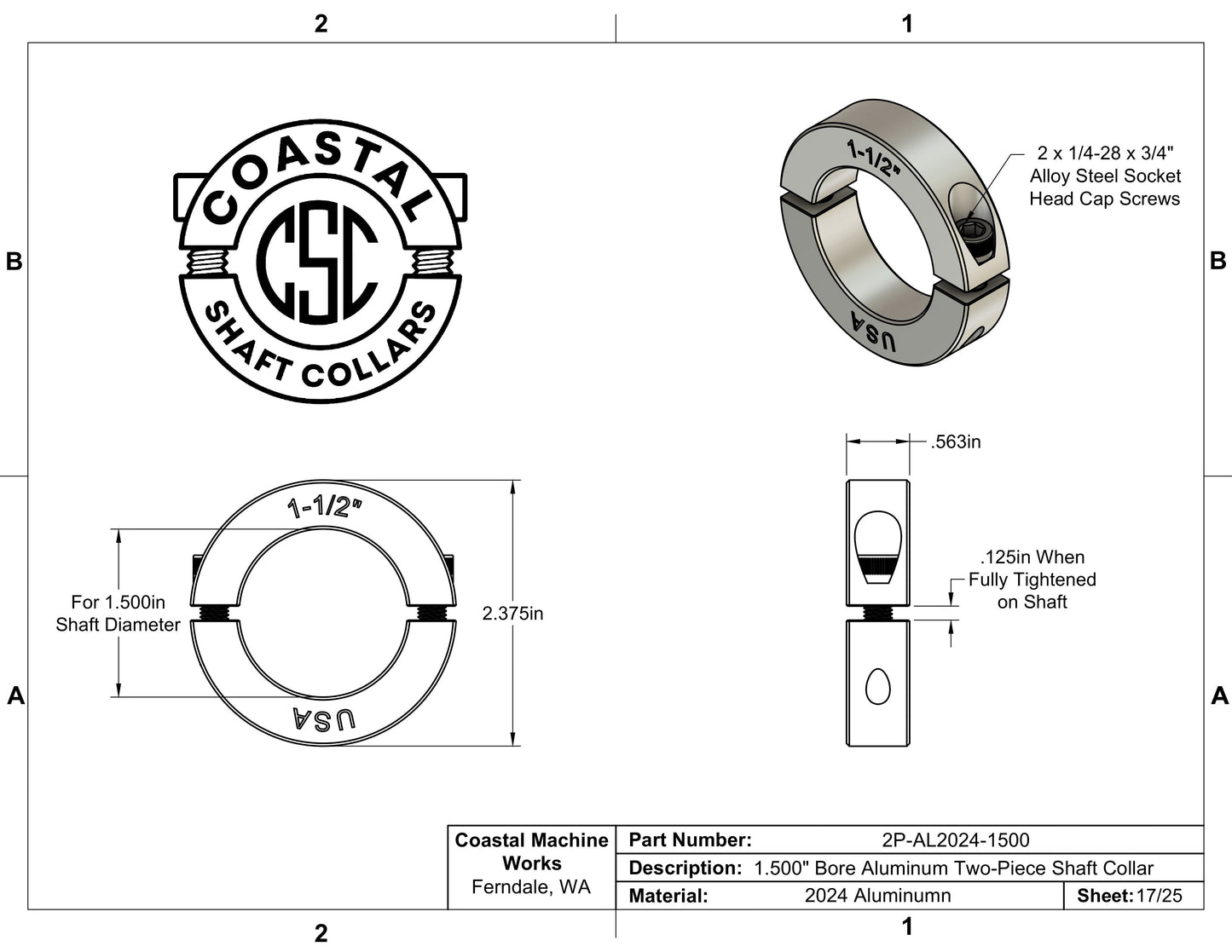 1.50" Diameter - Clamping Two Piece Shaft Collar - 2024 Aluminum
