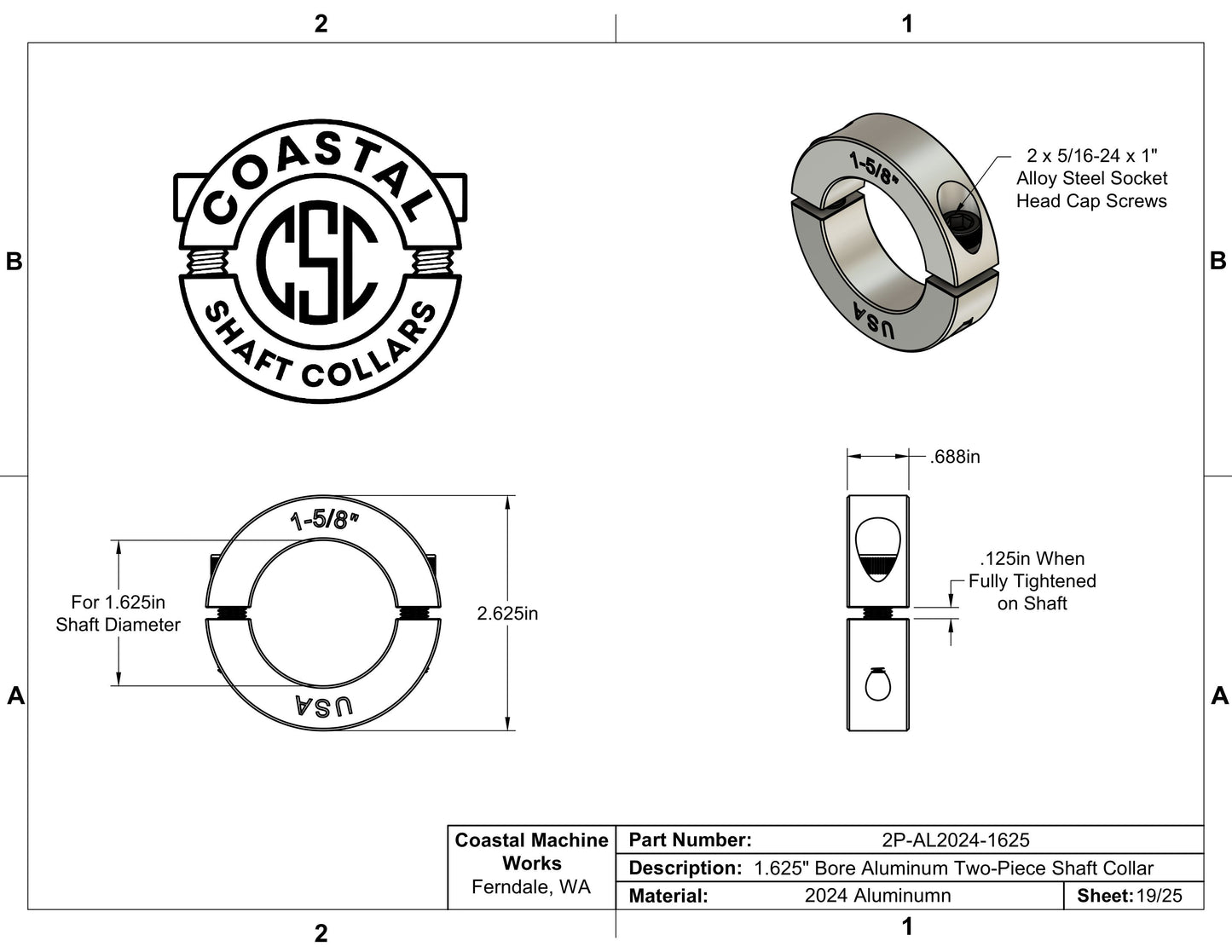 1.625" Diameter - Clamping Two Piece Shaft Collar - 2024 Aluminum