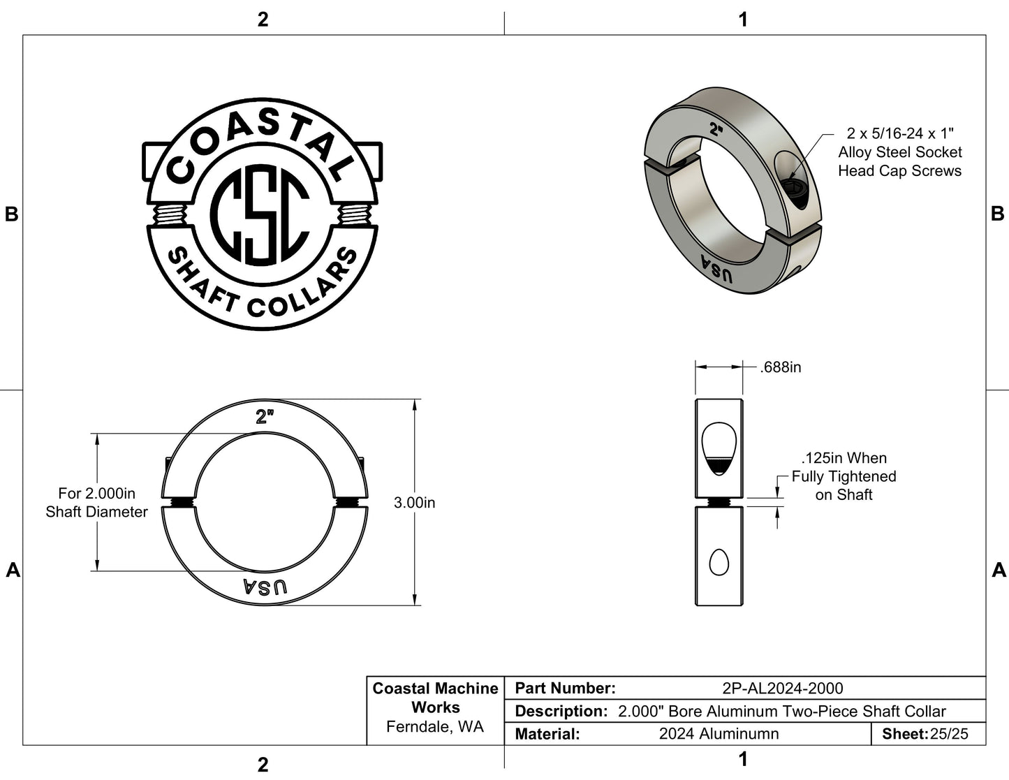 2.00" Diameter - Clamping Two Piece Shaft Collar - 2024 Aluminum