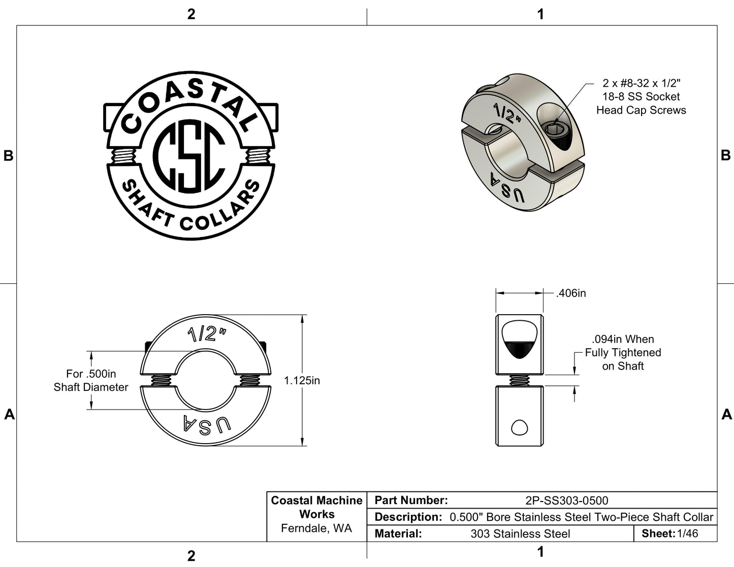 0.50" Diameter - Clamping Two Piece Shaft Collar - 303 Stainless Steel