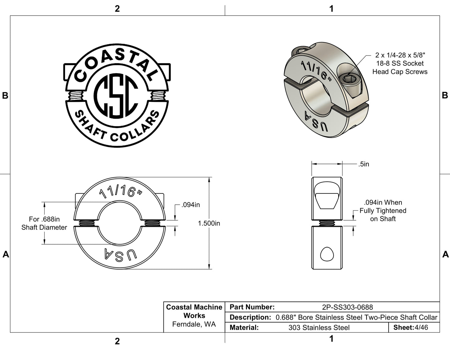0.688" Diameter - Clamping Two Piece Shaft Collar - 303 Stainless Steel
