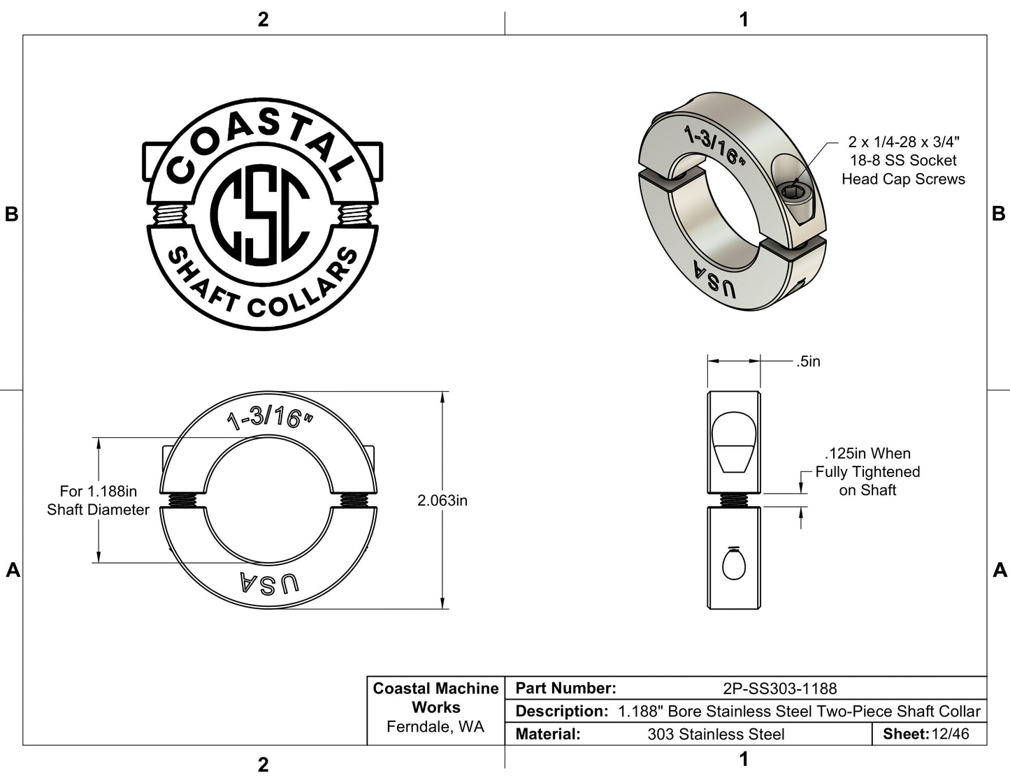 1.188" Diameter - Clamping Two Piece Shaft Collar - 303 Stainless Steel