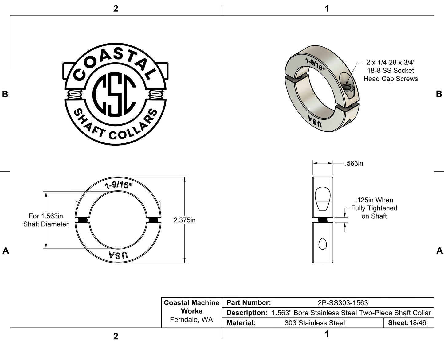 1.563" Diameter - Clamping Two Piece Shaft Collar - 303 Stainless Steel