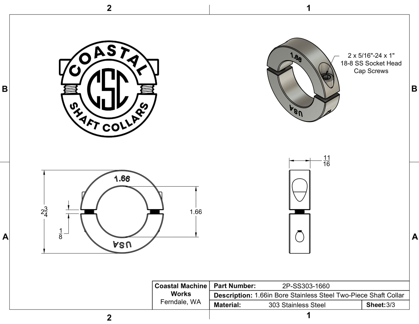 1.66" Diameter - Clamping Two Piece Shaft Collar - 303 Stainless Steel
