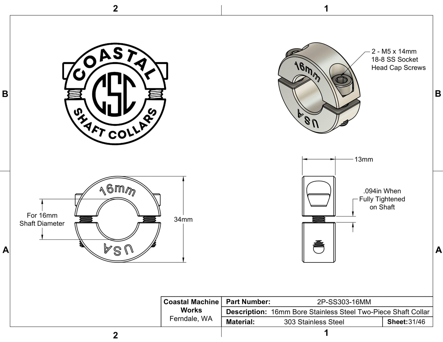 16mm Diameter - Clamping Two Piece Shaft Collar - 303 Stainless Steel