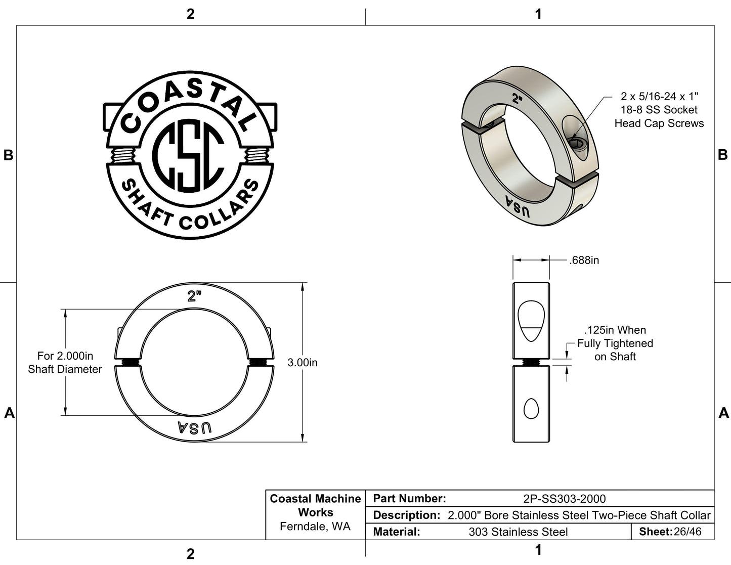 2.00" Diameter - Clamping Two Piece Shaft Collar - 303 Stainless Steel