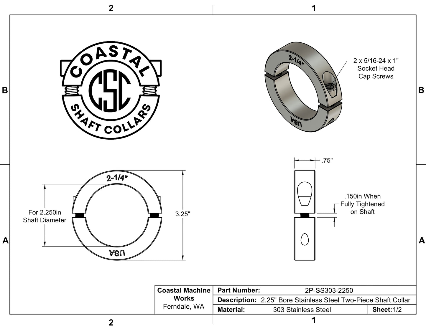 2.25" Diameter - Clamping Two Piece Shaft Collar - 303 Stainless Steel