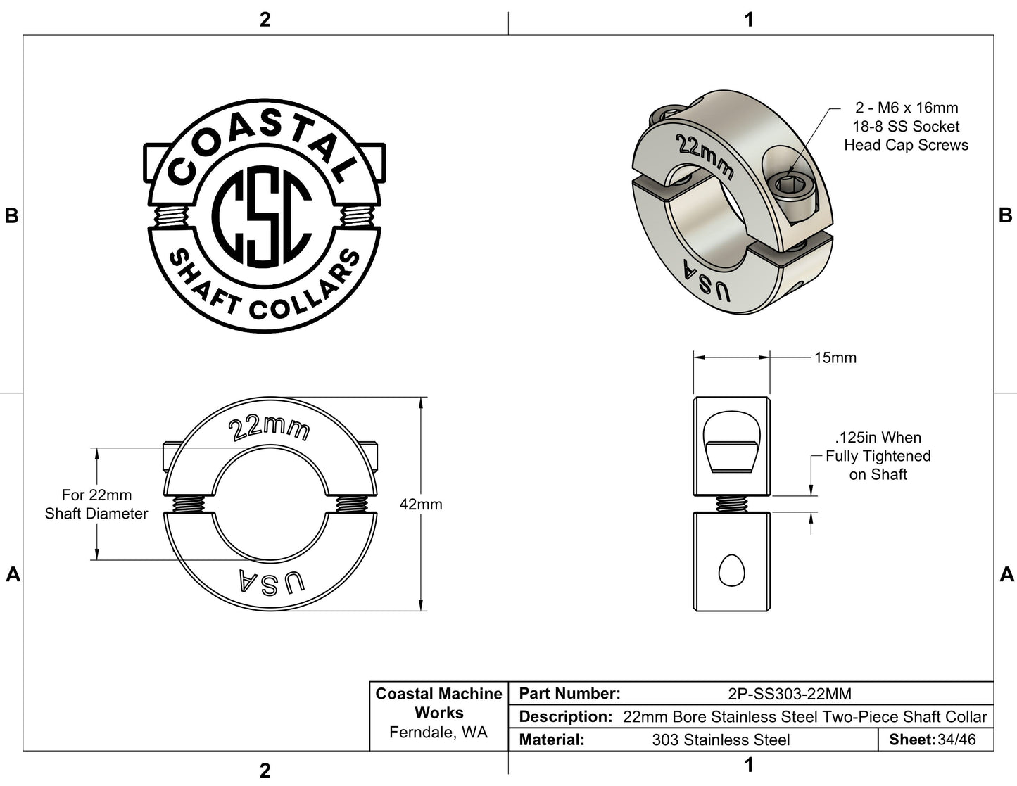 22mm Diameter - Clamping Two Piece Shaft Collar - 303 Stainless Steel