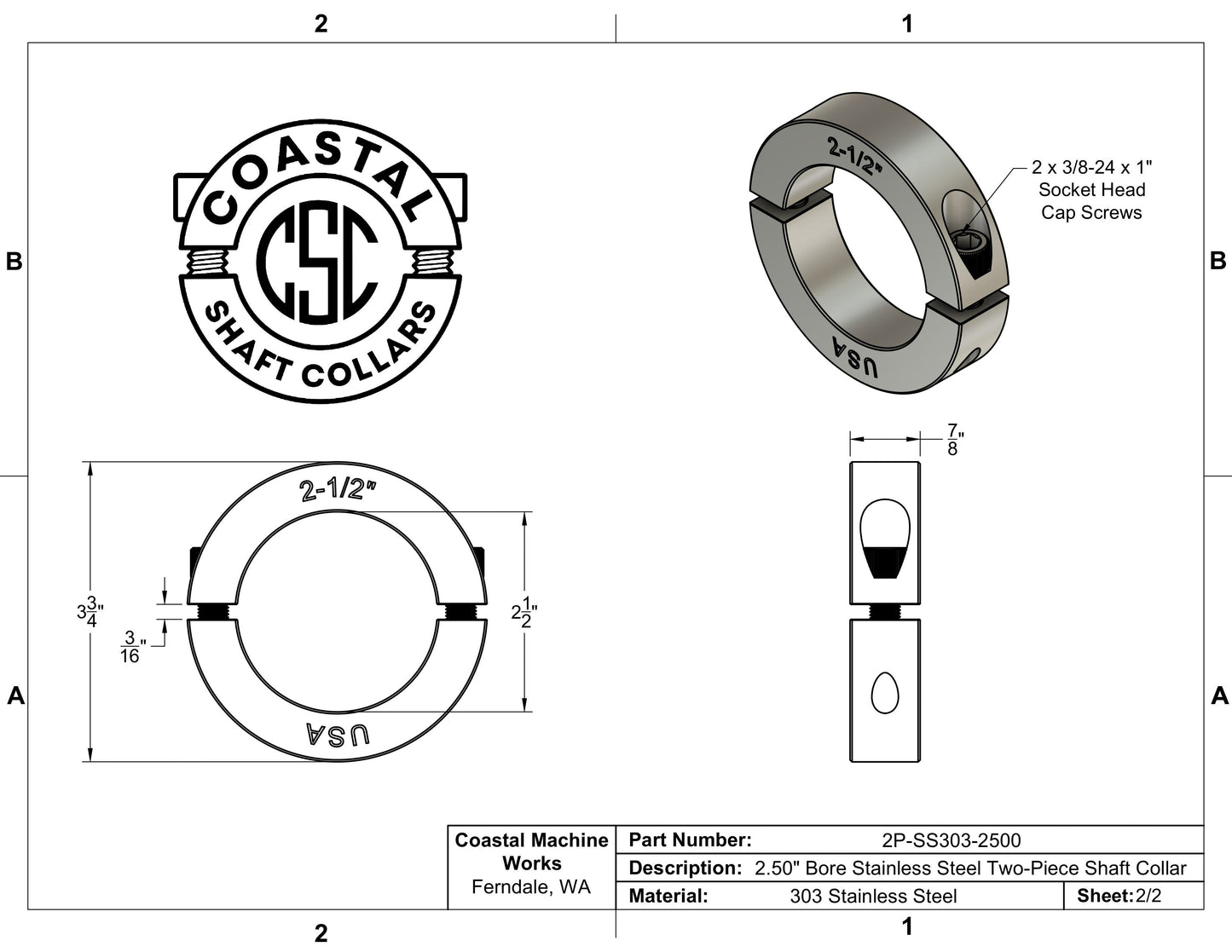 2.50" Diameter - Clamping Two Piece Shaft Collar - 303 Stainless Steel
