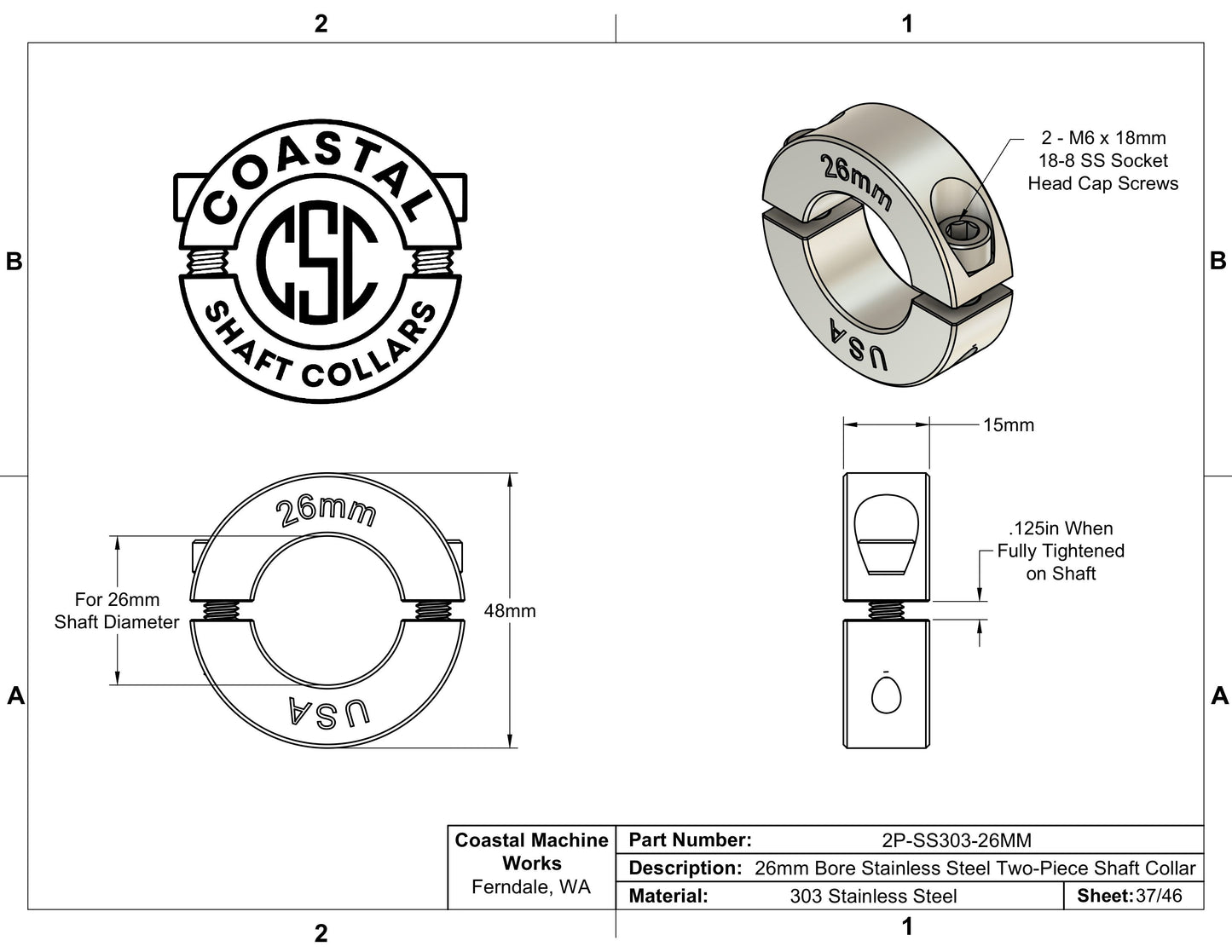 26mm Diameter - Clamping Two Piece Shaft Collar - 303 Stainless Steel