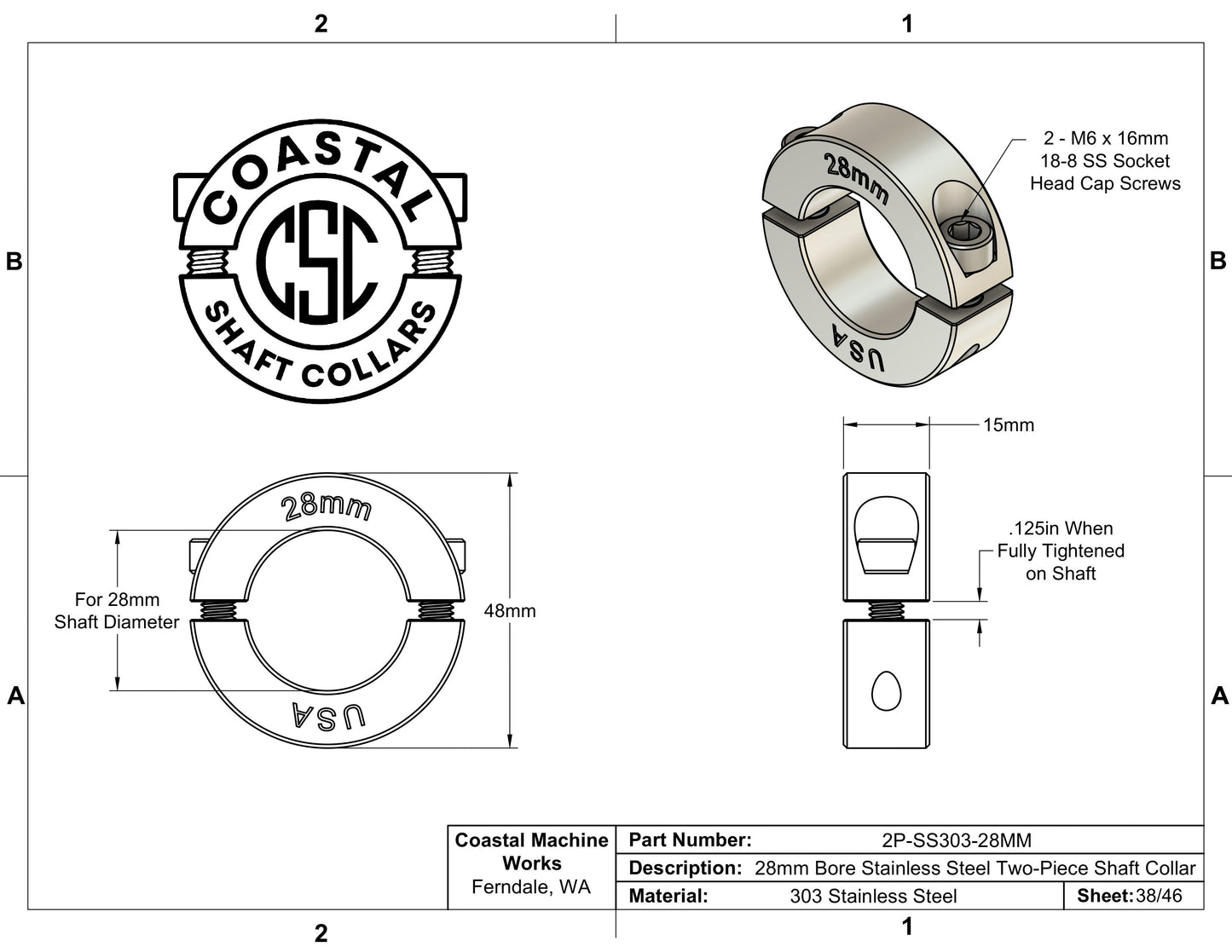 28mm Diameter - Clamping Two Piece Shaft Collar - 303 Stainless Steel