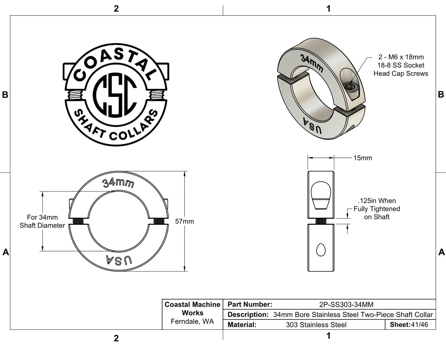 34mm Diameter - Clamping Two Piece Shaft Collar - 303 Stainless Steel