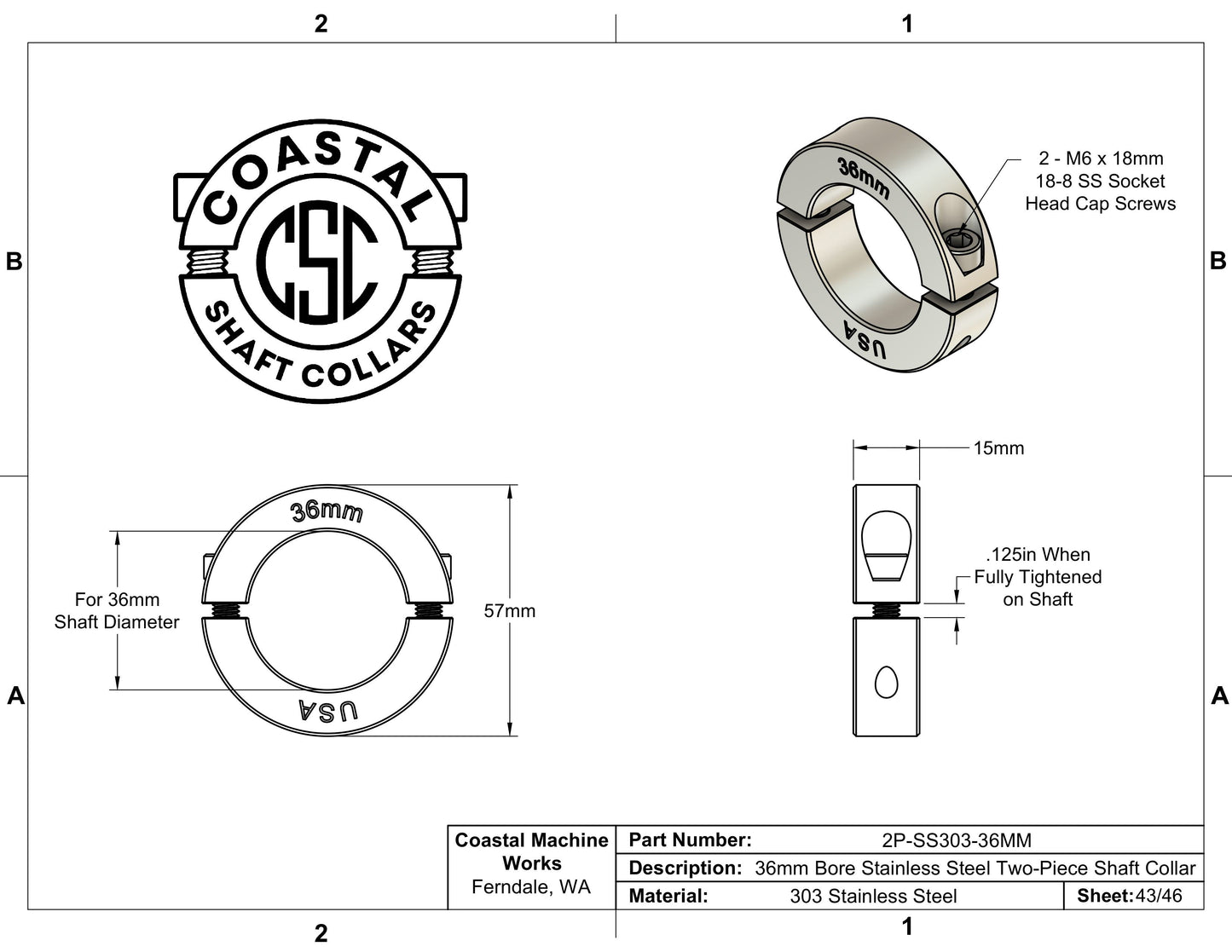 36mm Diameter - Clamping Two Piece Shaft Collar - 303 Stainless Steel