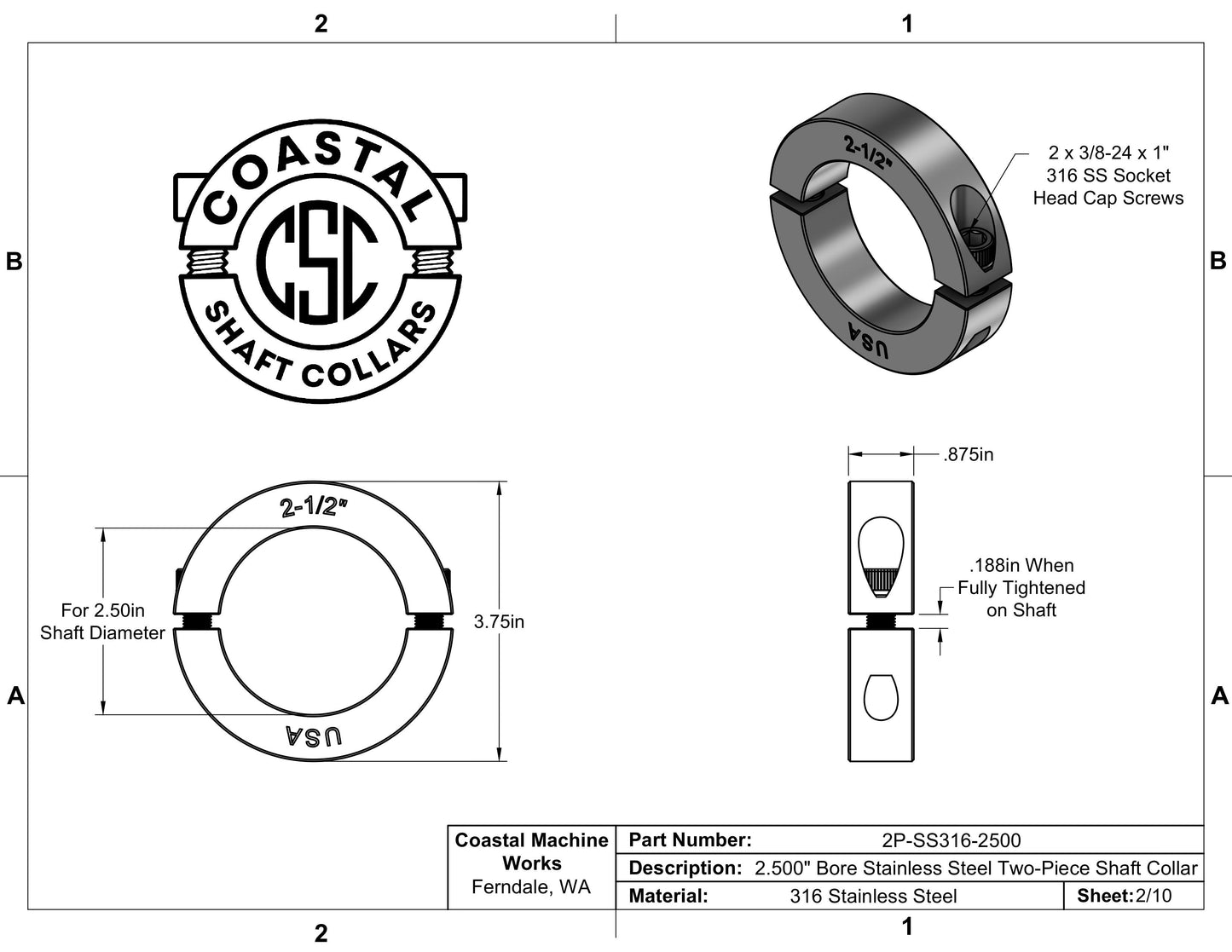 2.500" Diameter - Clamping Two Piece Shaft Collar - 316 Stainless Steel