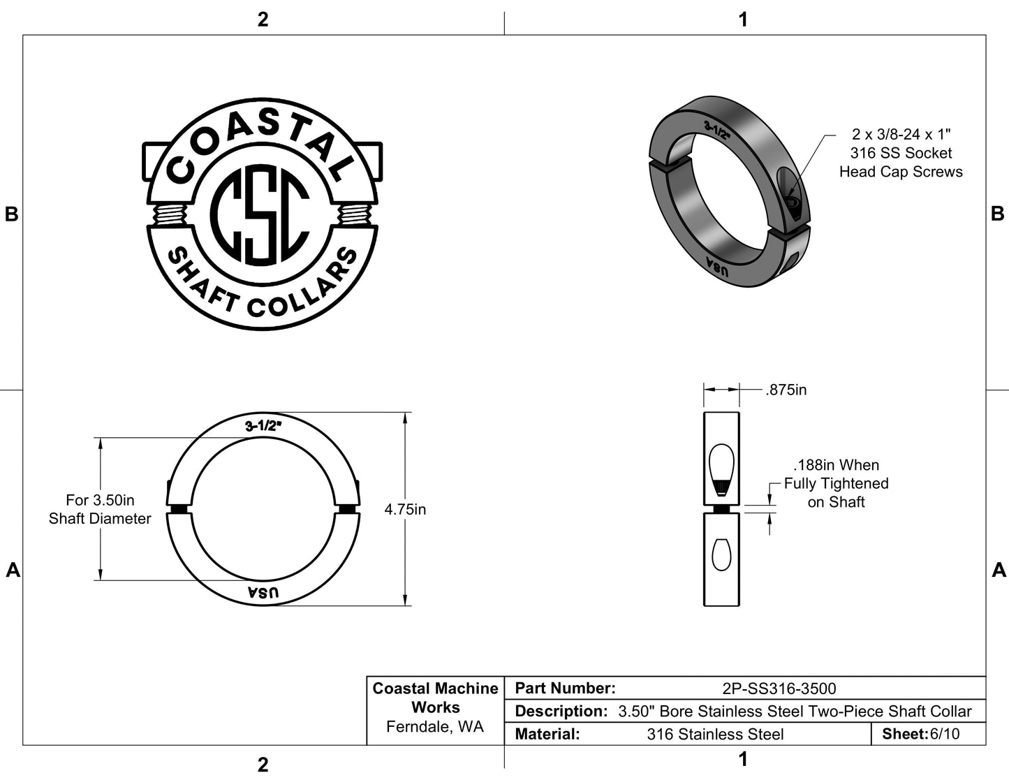 3.500" Diameter - Clamping Two Piece Shaft Collar - 316 Stainless Steel