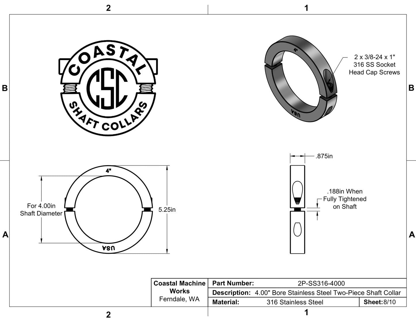 4.000" Diameter - Clamping Two Piece Shaft Collar - 316 Stainless Steel