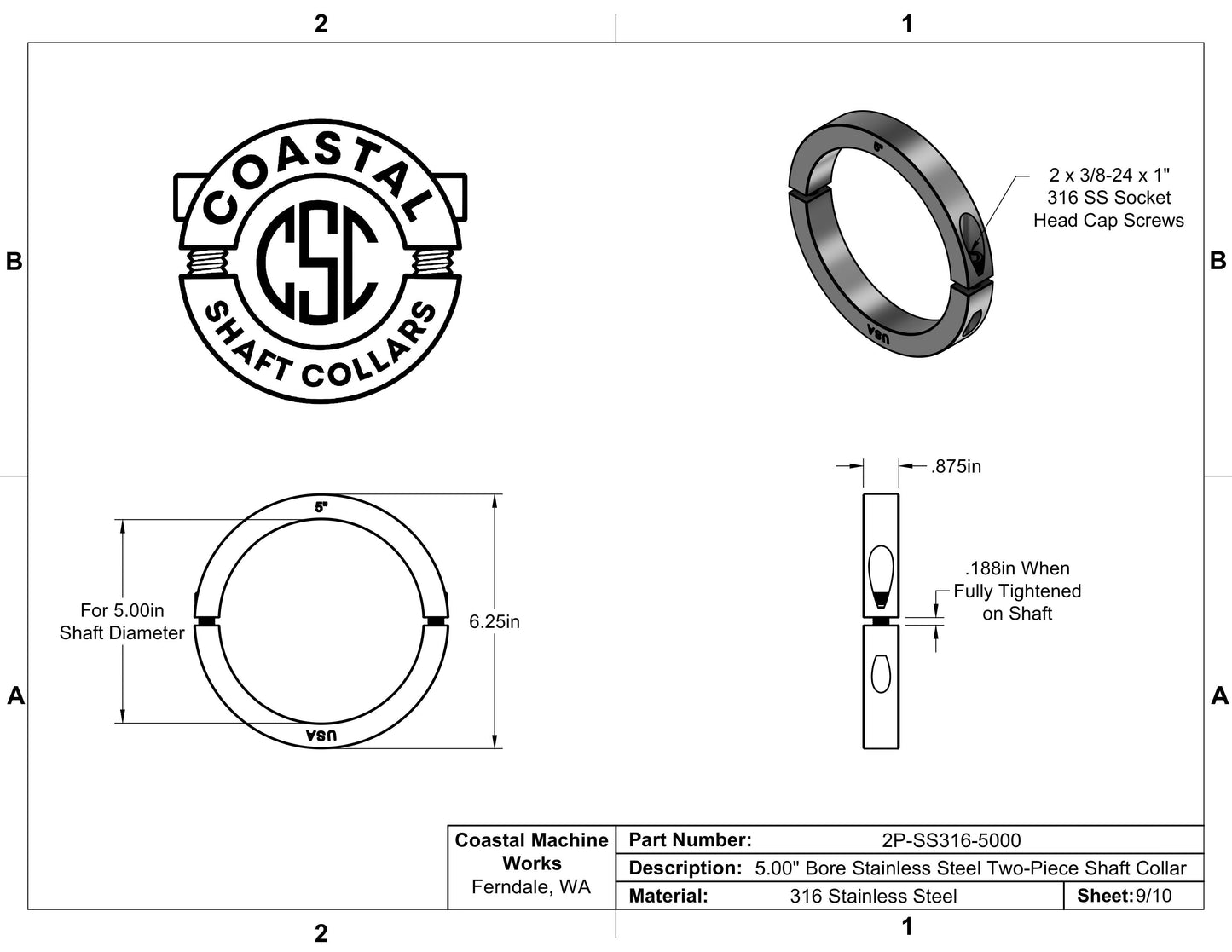5.000" Diameter - Clamping Two Piece Shaft Collar - 316 Stainless Steel