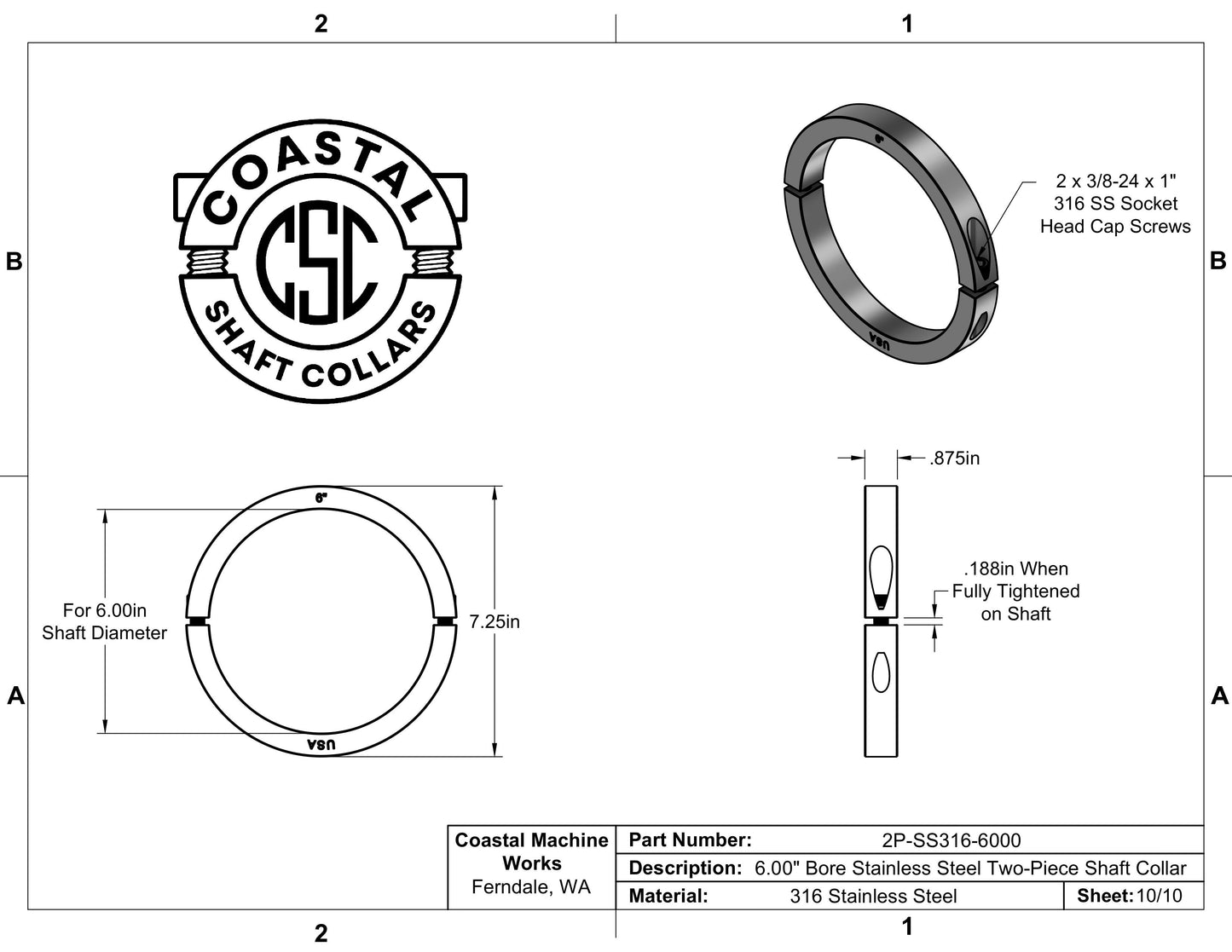6.000" Diameter - Clamping Two Piece Shaft Collar - 316 Stainless Steel