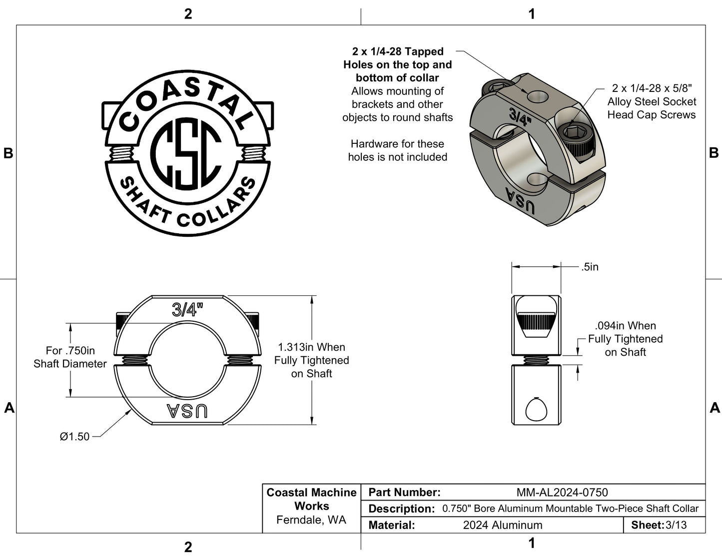 0.75" Diameter – Mountable Clamping Two Piece Shaft Collar – 2024 Aluminum