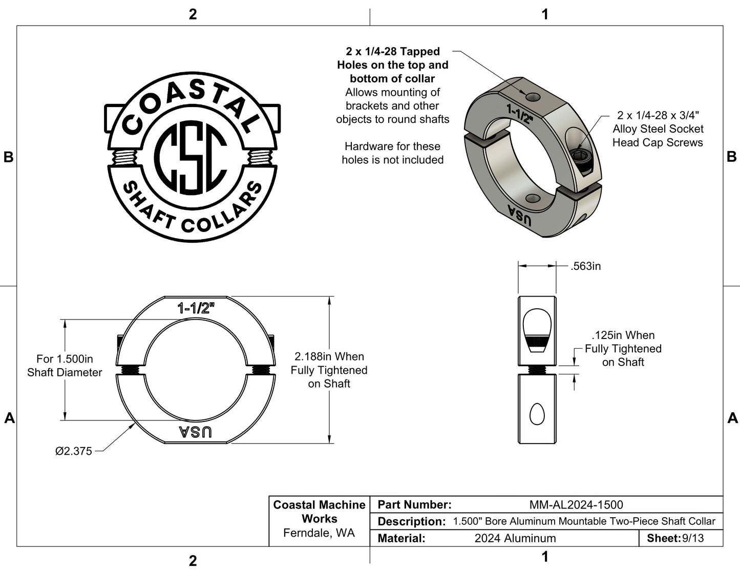 1.50" Diameter – Mountable Clamping Two Piece Shaft Collar – 2024 Aluminum