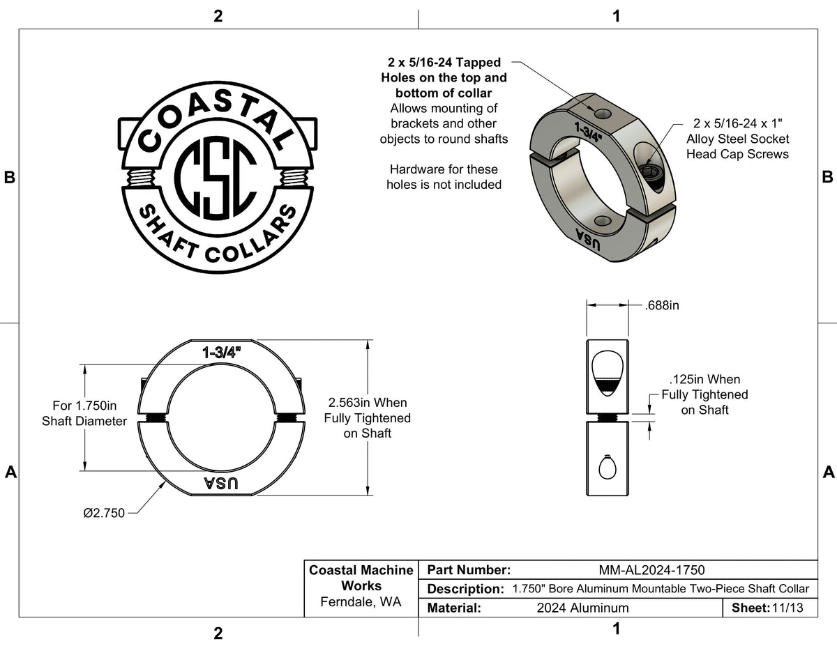 1.75" Diameter – Mountable Clamping Two Piece Shaft Collar – 2024 Aluminum
