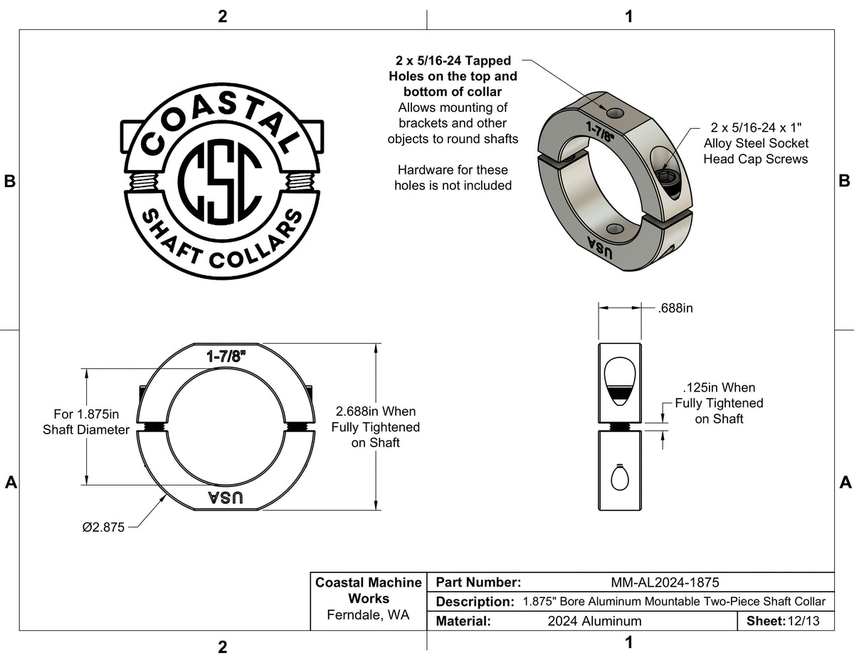 1.875" Diameter – Mountable Clamping Two Piece Shaft Collar – 2024 Aluminum