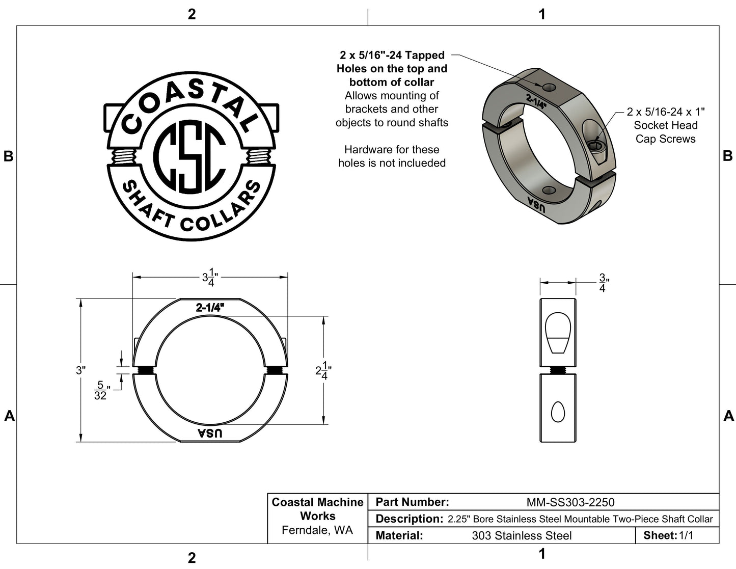 2.25" Diameter – Mountable Clamping Two Piece Shaft Collar - 303 Stainless Steel