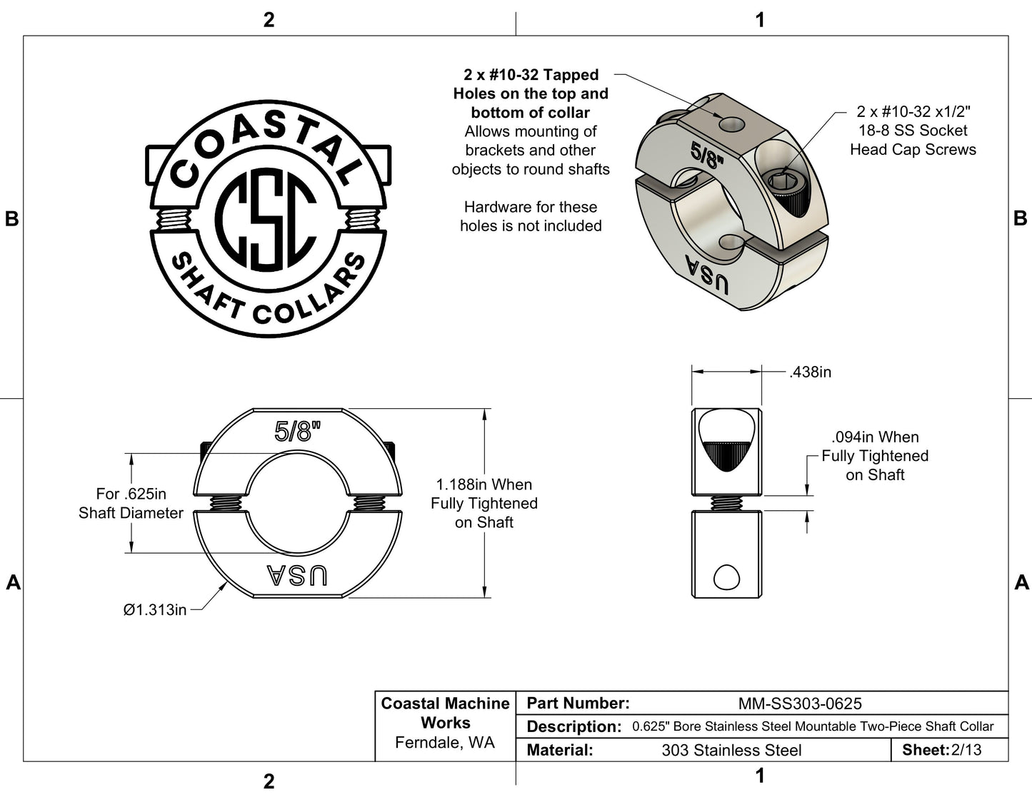 0.625" Diameter – Mountable Clamping Two Piece Shaft Collar - 303 Stainless Steel