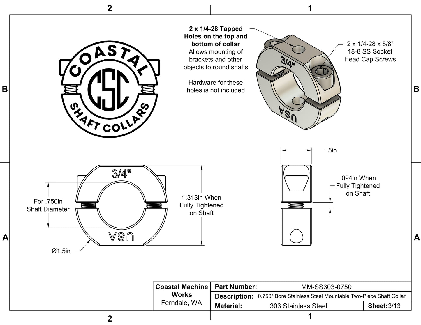0.75" Diameter – Mountable Clamping Two Piece Shaft Collar - 303 Stainless Steel