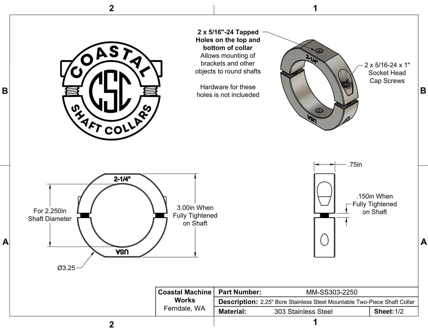 2.25" Diameter – Mountable Clamping Two Piece Shaft Collar - 303 Stainless Steel
