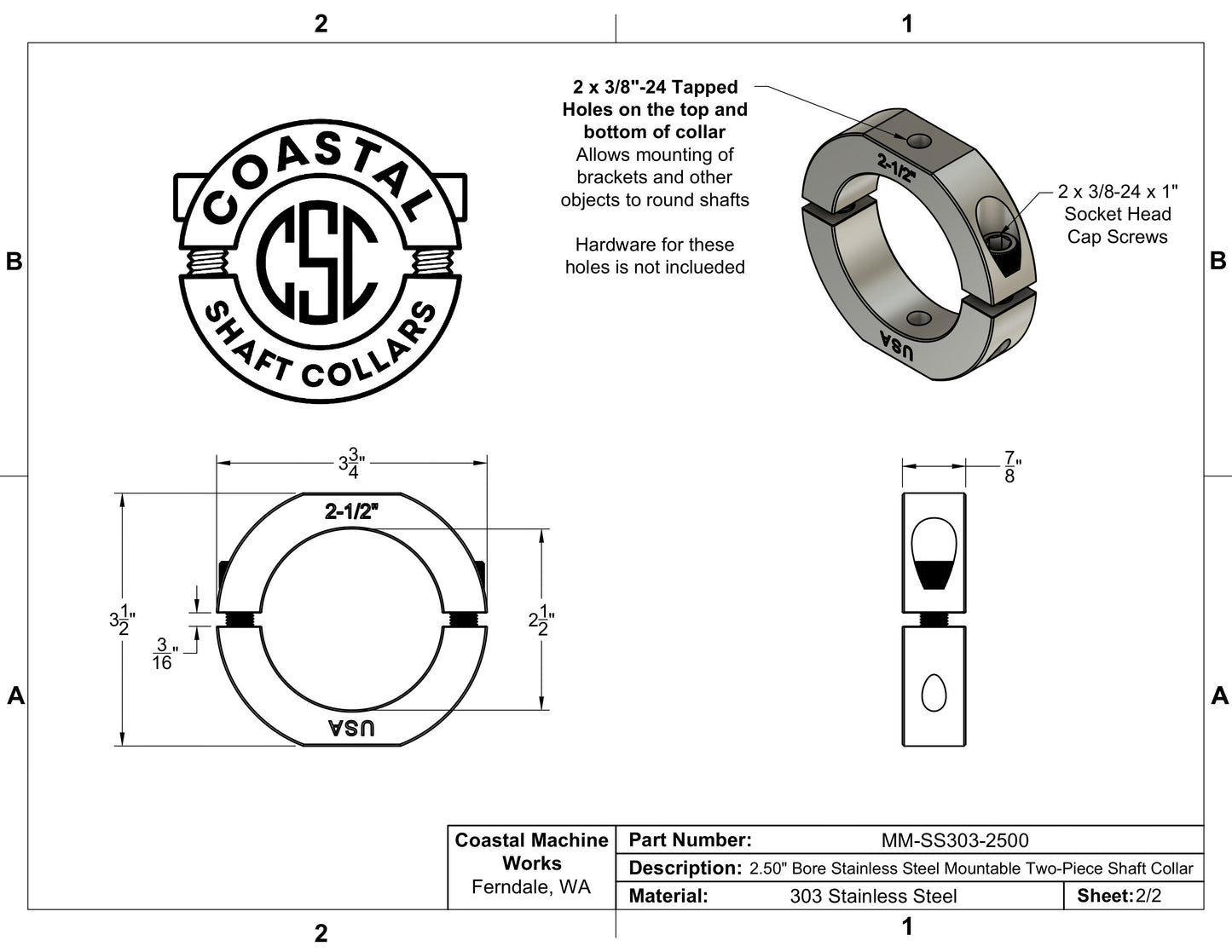 2.50" Diameter – Mountable Clamping Two Piece Shaft Collar - 303 Stainless Steel