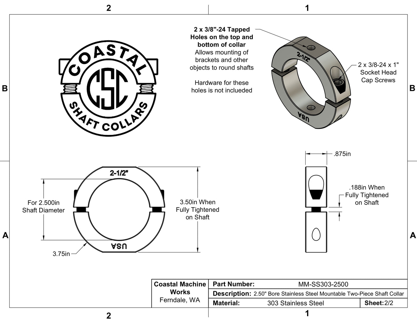 2.50" Diameter – Mountable Clamping Two Piece Shaft Collar - 303 Stainless Steel
