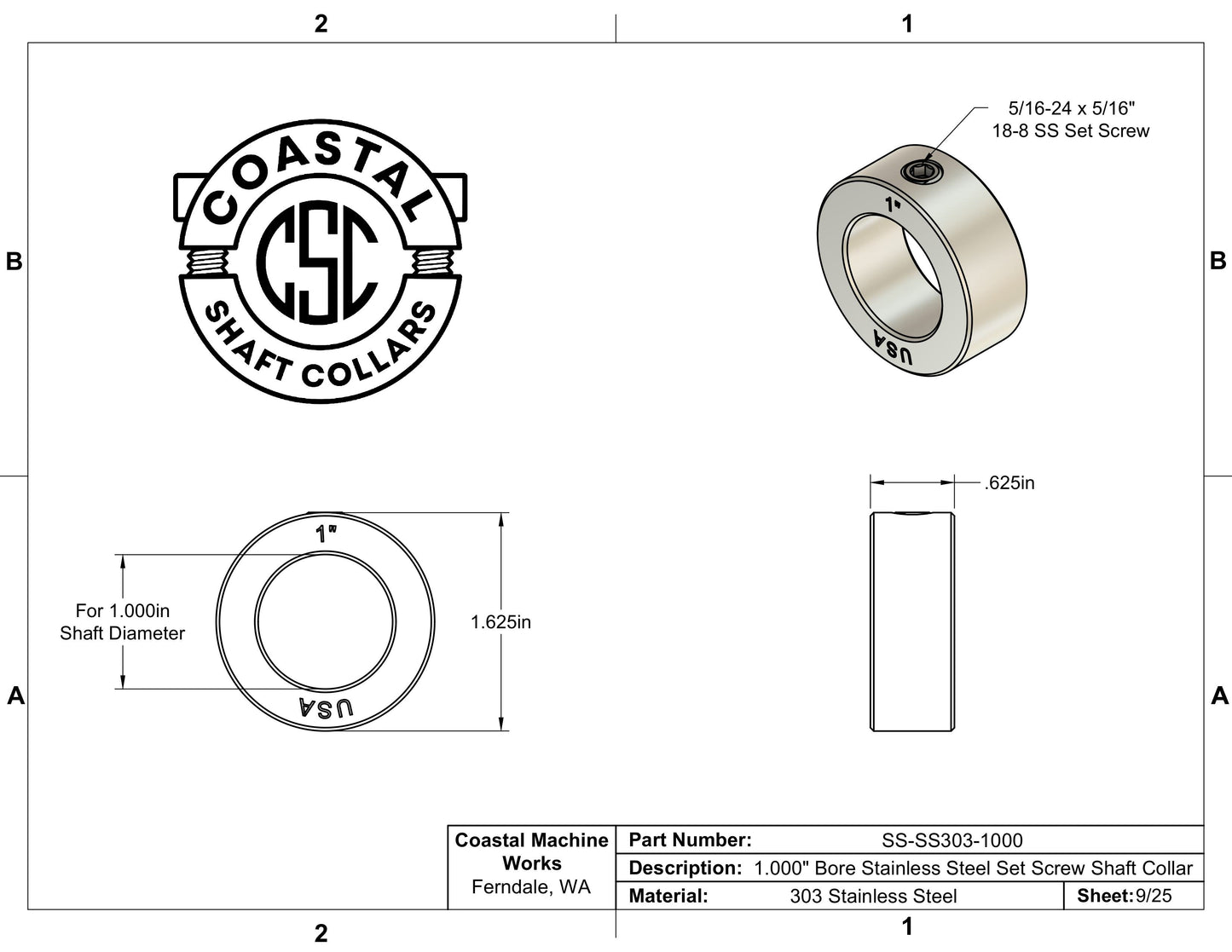1.00" Diameter - Set Screw Shaft Collar - 303 Stainless Steel