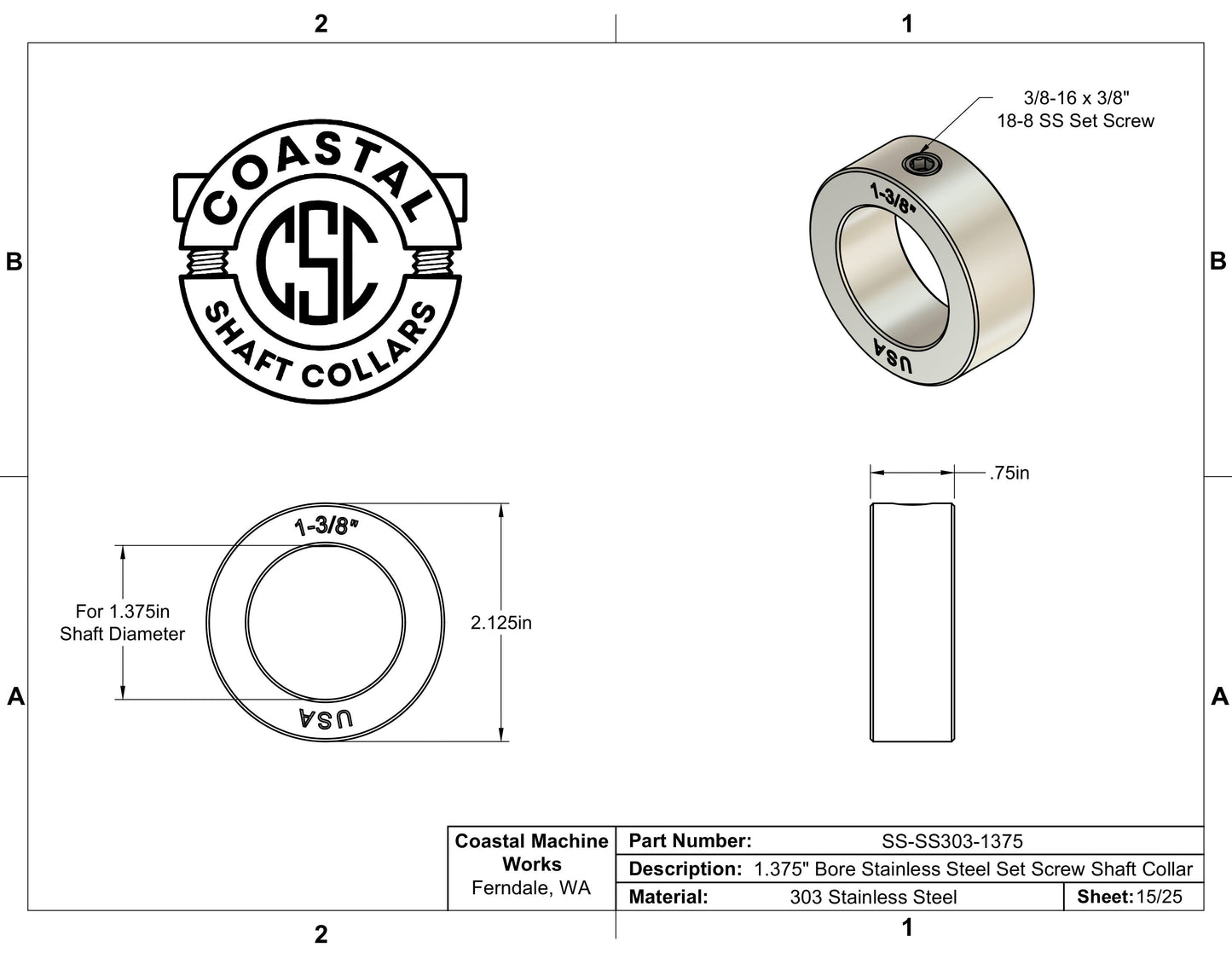 1.375" Diameter - Set Screw Shaft Collar - 303 Stainless Steel