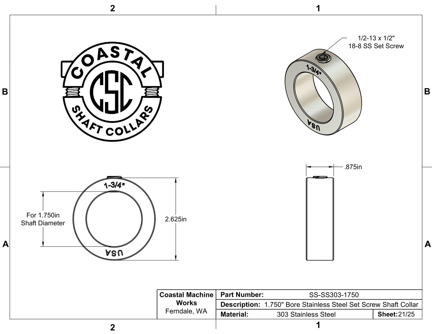 1.75" Diameter - Set Screw Shaft Collar - 303 Stainless Steel