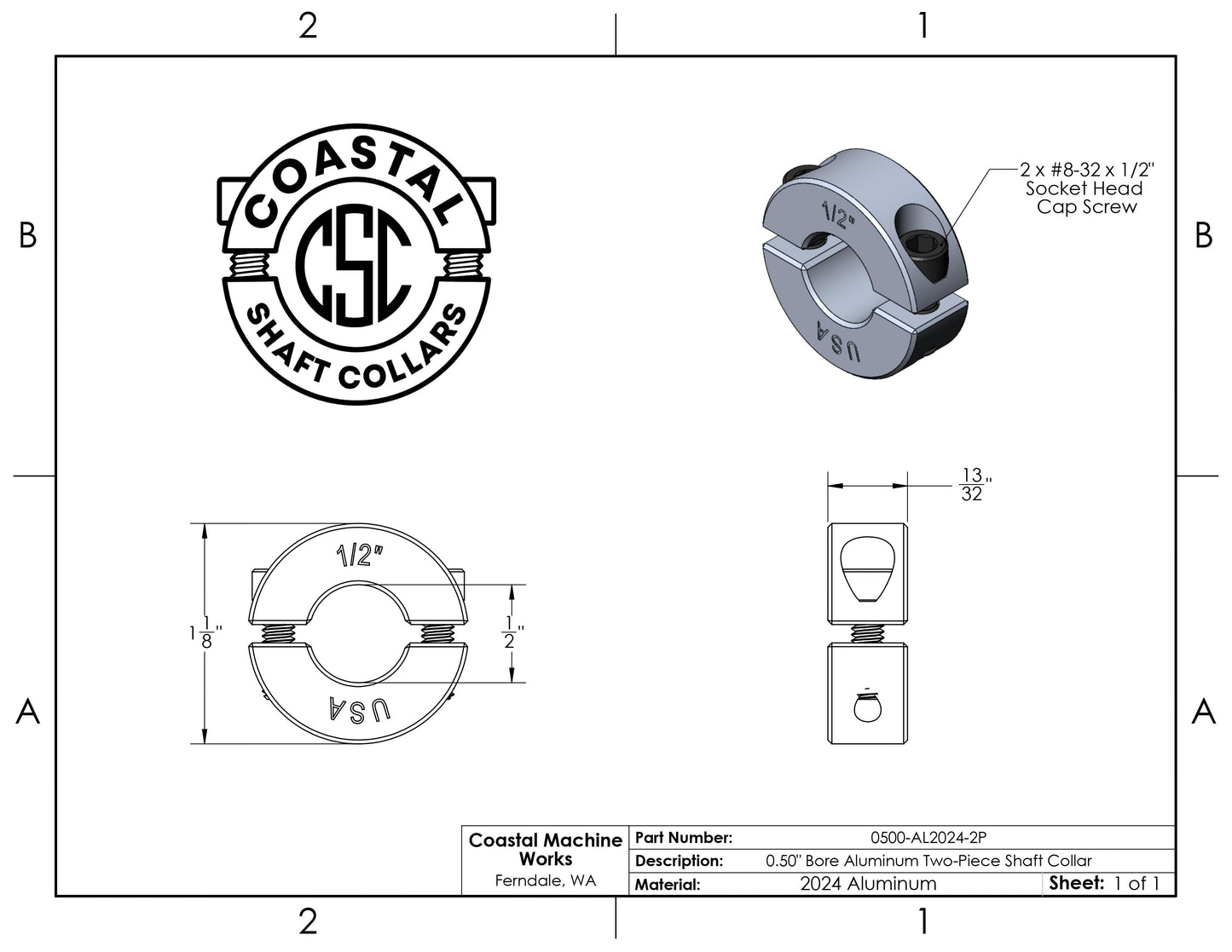 0.50" Diameter - Clamping Two Piece Shaft Collar - 2024 Aluminum
