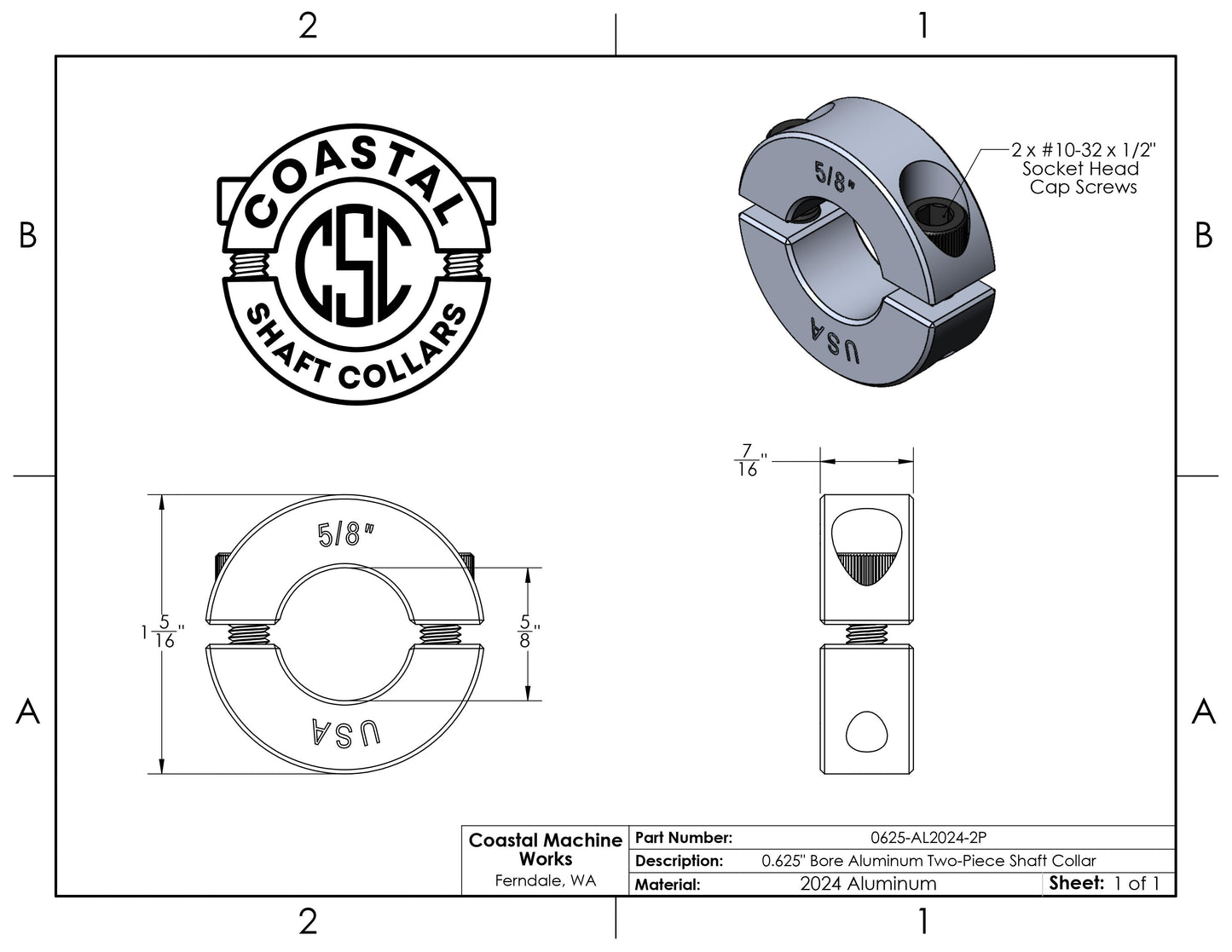 0.625" Diameter - Clamping Two Piece Shaft Collar - 2024 Aluminum