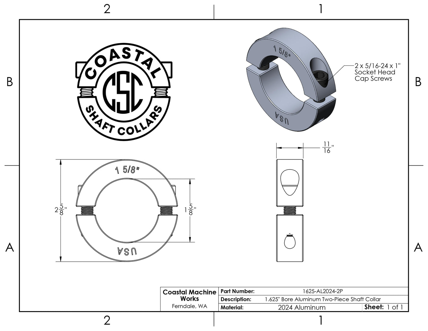 1.625" Diameter - Clamping Two Piece Shaft Collar - 2024 Aluminum