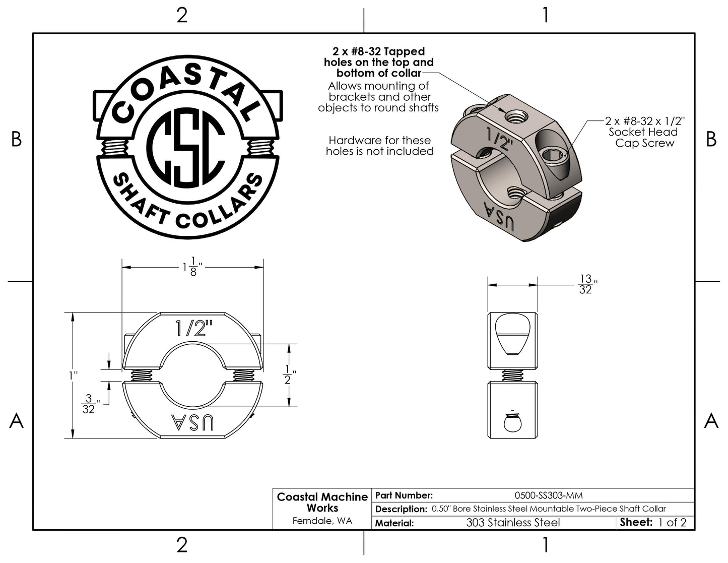 0.50" Diameter – Mountable Clamping Two Piece Shaft Collar - 303 Stainless Steel