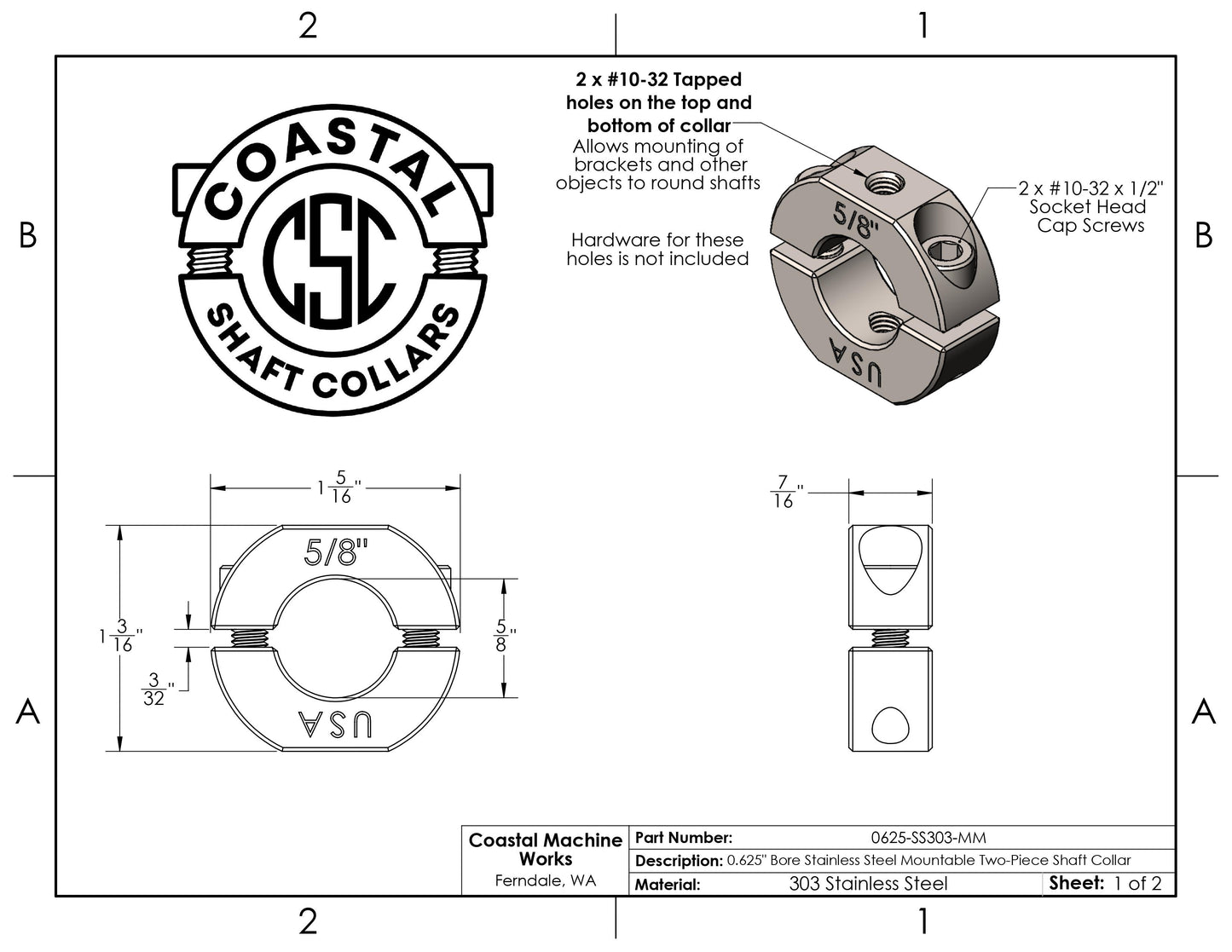 0.625" Diameter – Mountable Clamping Two Piece Shaft Collar - 303 Stainless Steel