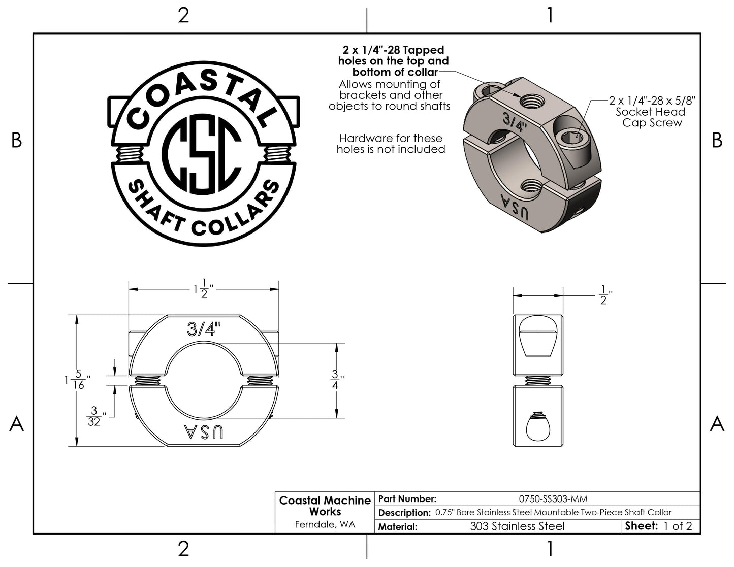 0.75" Diameter – Mountable Clamping Two Piece Shaft Collar - 303 Stainless Steel