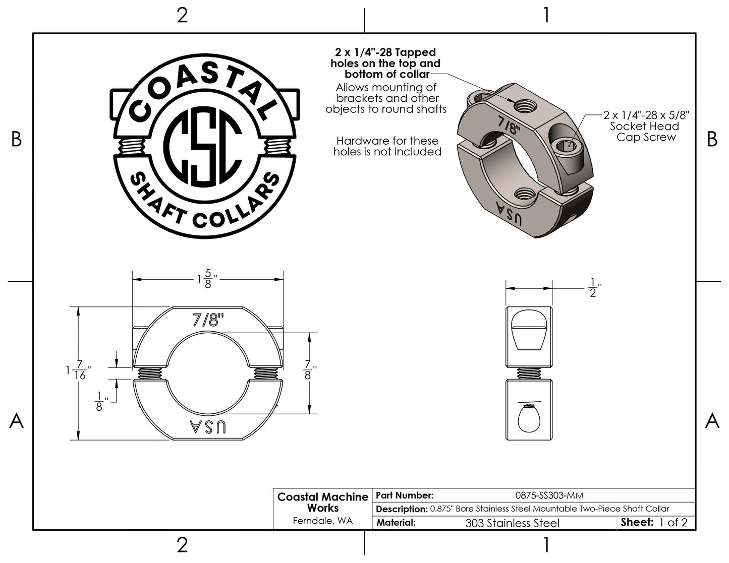 0.875" Diameter – Mountable Clamping Two Piece Shaft Collar - 303 Stainless Steel