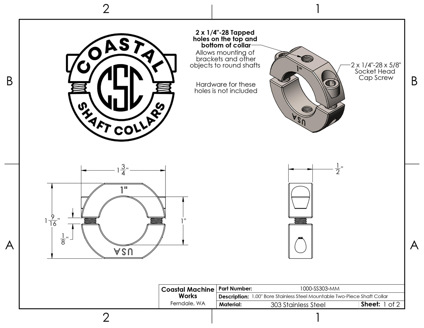 1.00" Diameter – Mountable Clamping Two Piece Shaft Collar - 303 Stainless Steel