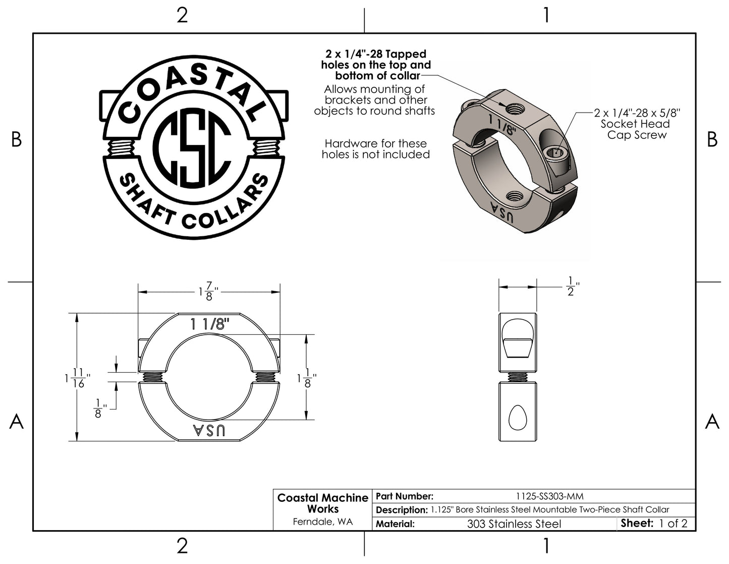 1.125" Diameter – Mountable Clamping Two Piece Shaft Collar - 303 Stainless Steel