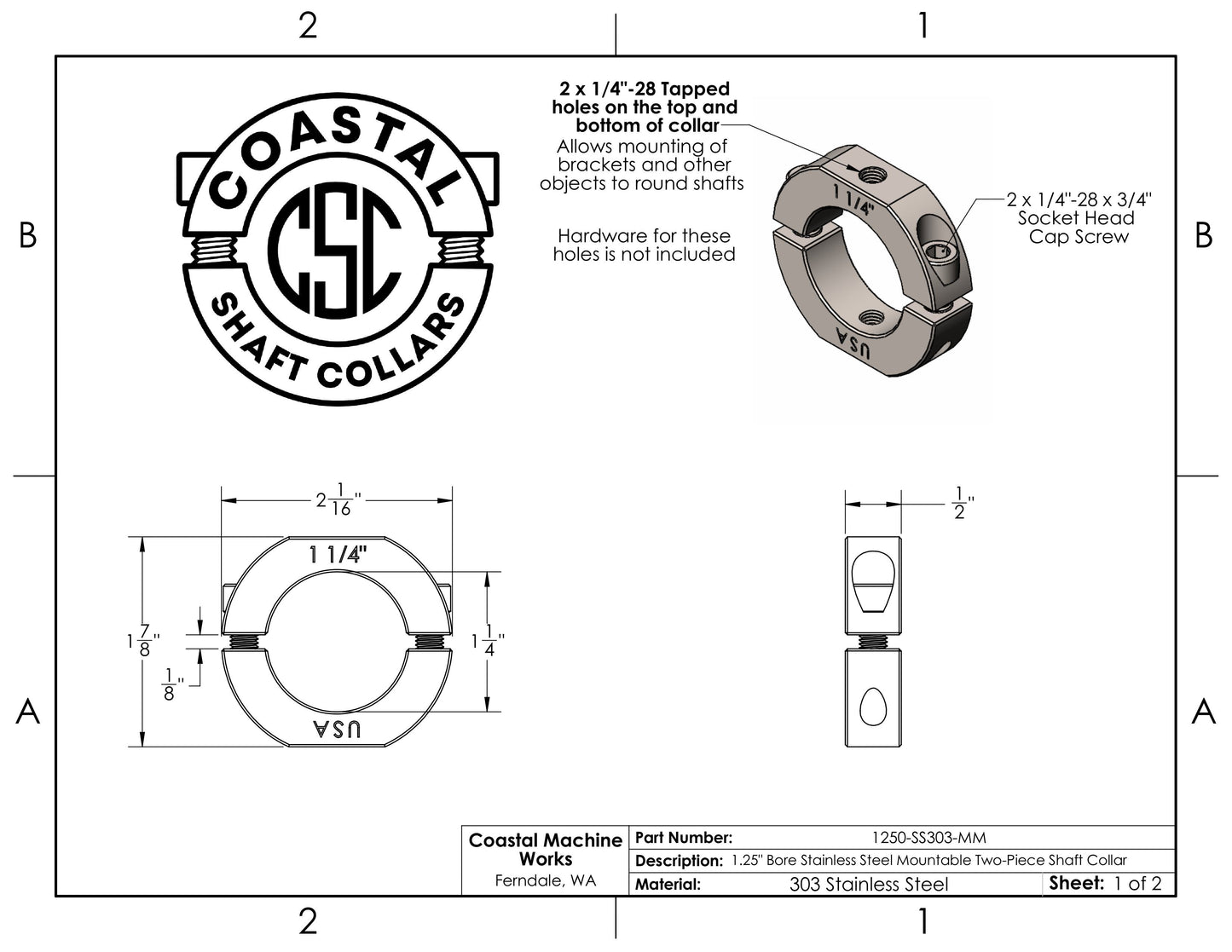 1.25" Diameter – Mountable Clamping Two Piece Shaft Collar - 303 Stainless Steel